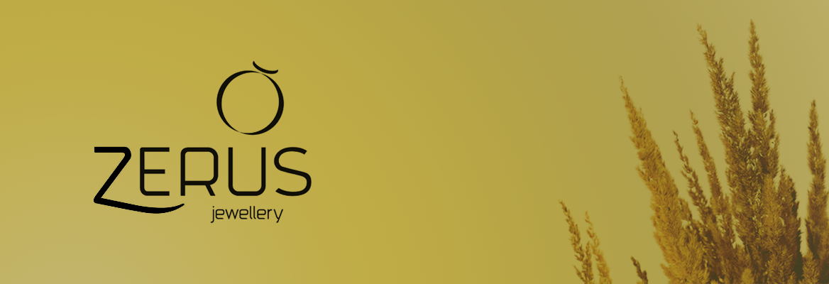 Fundo dourado com vegetação na lateral e o logótipo da marca Zerus jewellery na categoria ouro 9kl.